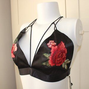 Goth Punk Rock Strappy Black Satin Bralette Roses